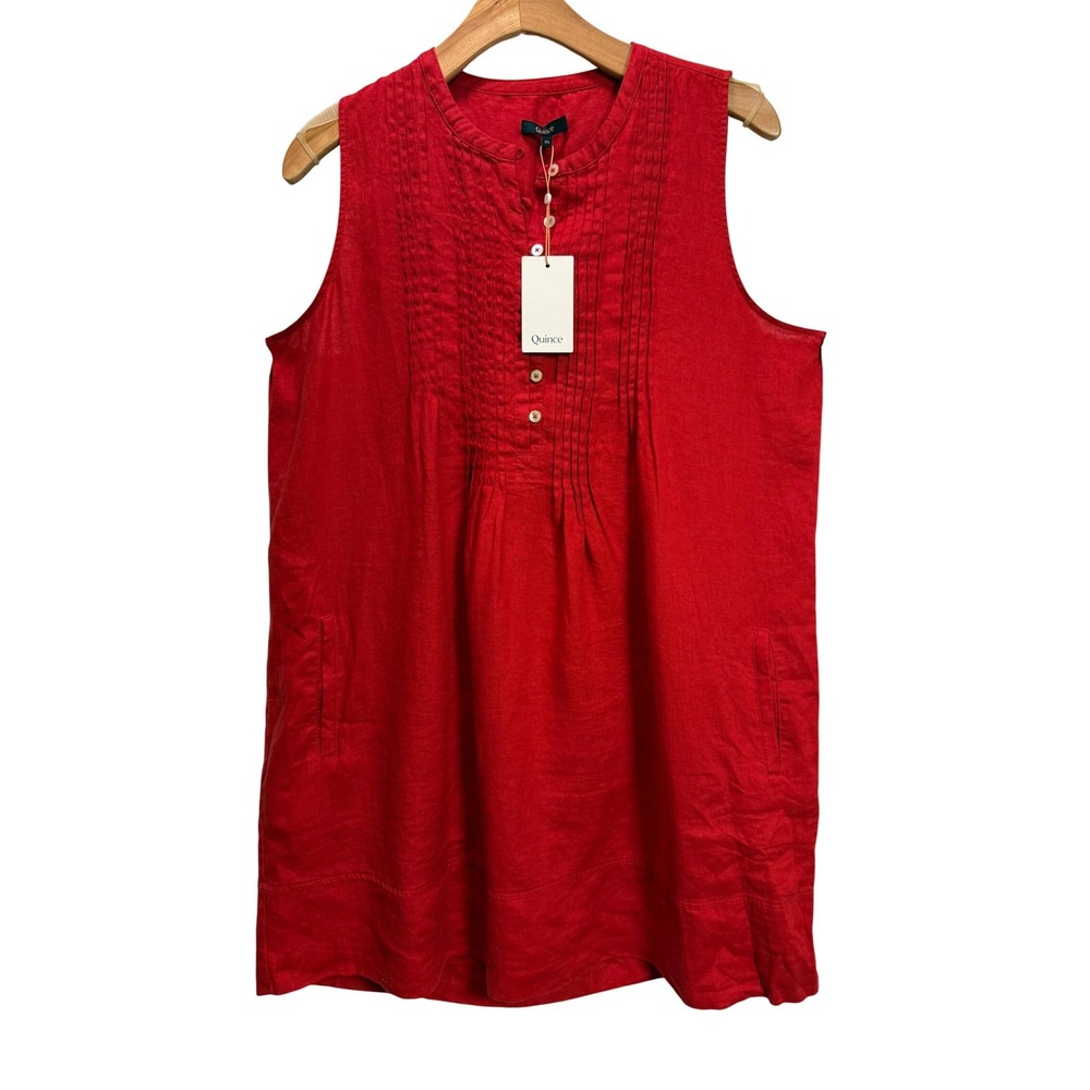 Quince NEW Swing Dress Chili Red 100% European Linen Pintuck summer resort XL - Picture 2 of 10
